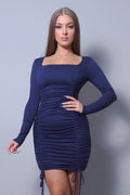 Sexy & Chic Long Sleeve Square Neck Ruching Tie Dress - AM APPAREL