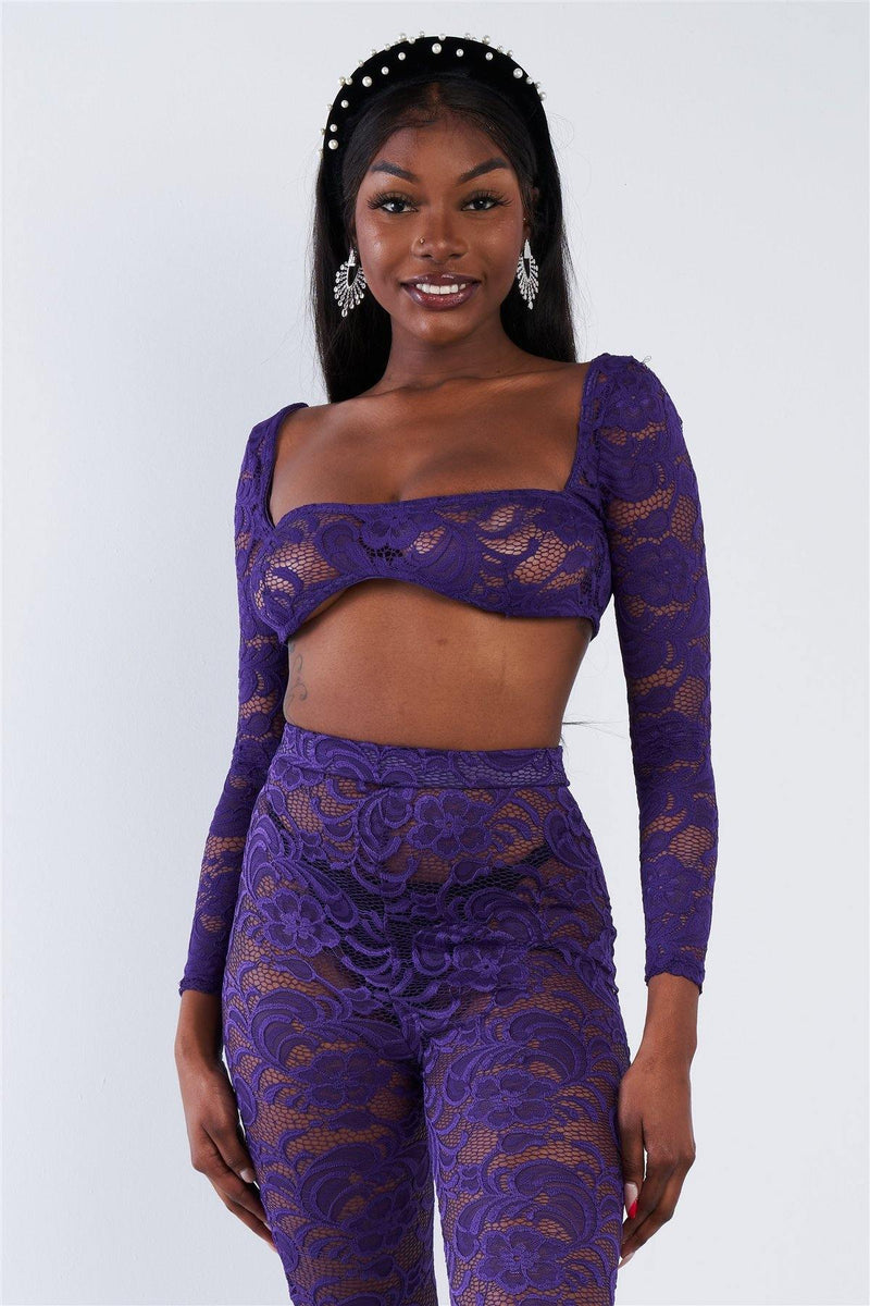 Sheer Floral Lace Crop Square Neck Top & High Waist Flare Pant Set - AM APPAREL