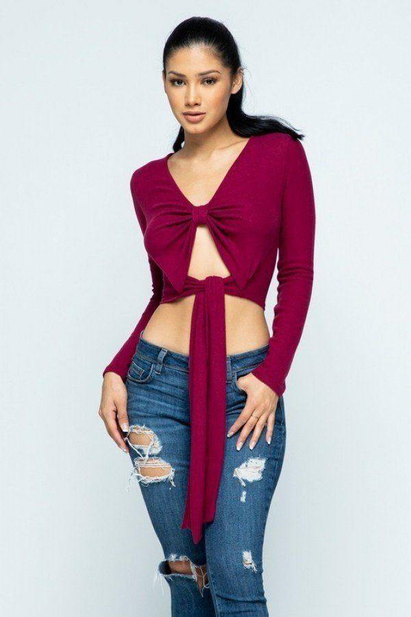 Soft Heavy Knit Front Ribbon Side Band Tie Long Sleeve Cropped Top - AM APPAREL