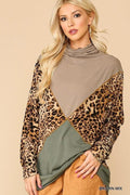 Solid And Animal Print Mixed Knit Turtleneck Top - AM APPAREL
