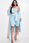 Solid Knit Sleeveless Tank Top, Tie Front Biker Shorts And Duster 3 Piece Set - AM APPAREL