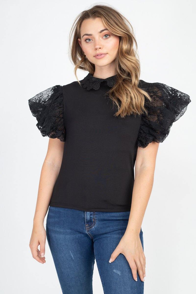 Solid Lace Puff Sleeves Top - AM APPAREL