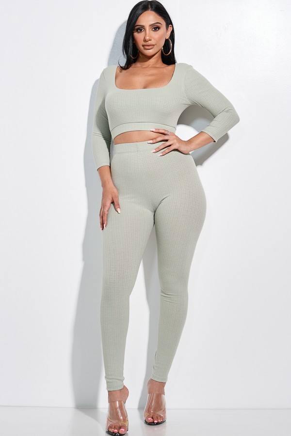 Solid Pointelle Stitch 3/4 Sleeve Cropped Top And Leggings Set - AM APPAREL