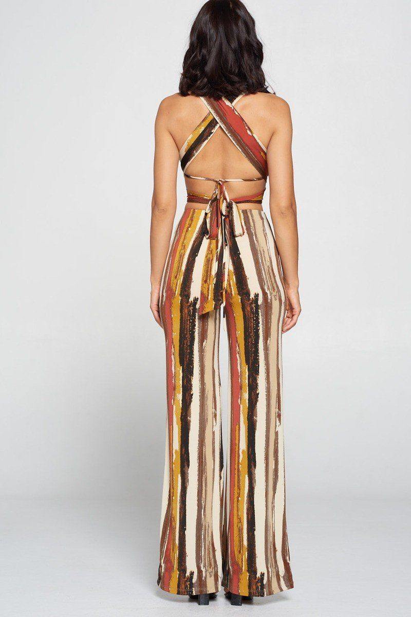 Stripped Cropped Top And Wide Leg Pants Set - AM APPAREL
