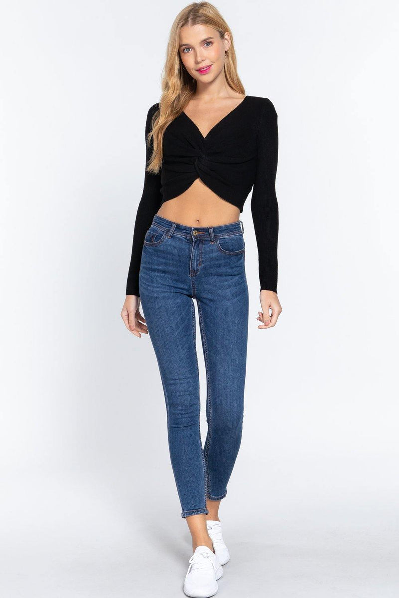 V-neck Front Knotted Crop Sweater - AM APPAREL