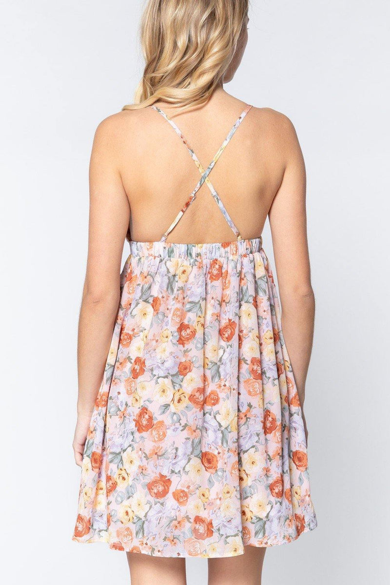 V-neck Open Back Floral Mini Dress - AM APPAREL