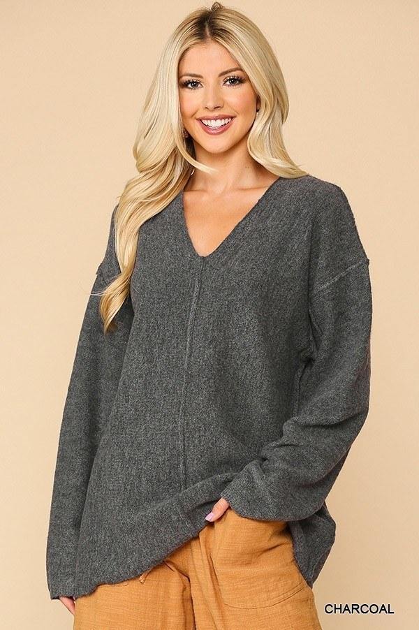 V-neck Solid Soft Sweater Top With Cut Edge - AM APPAREL