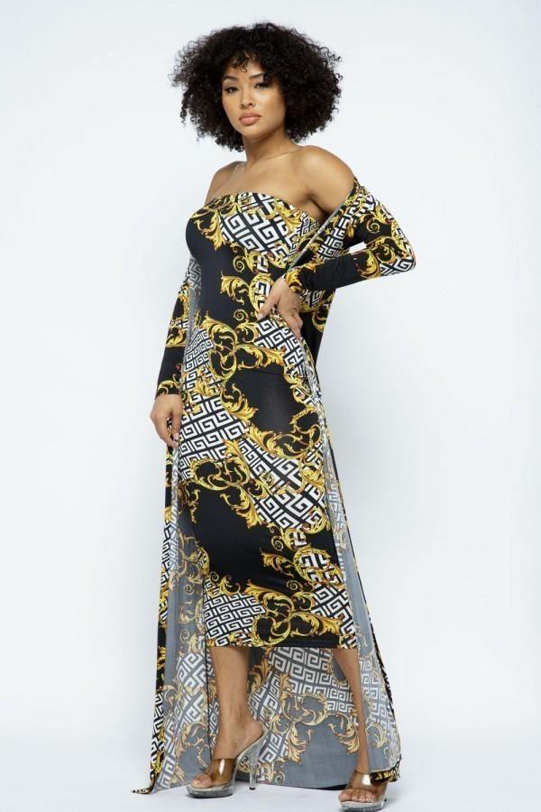 Venechia Print Tube Dress With Cardigan Set - AM APPAREL
