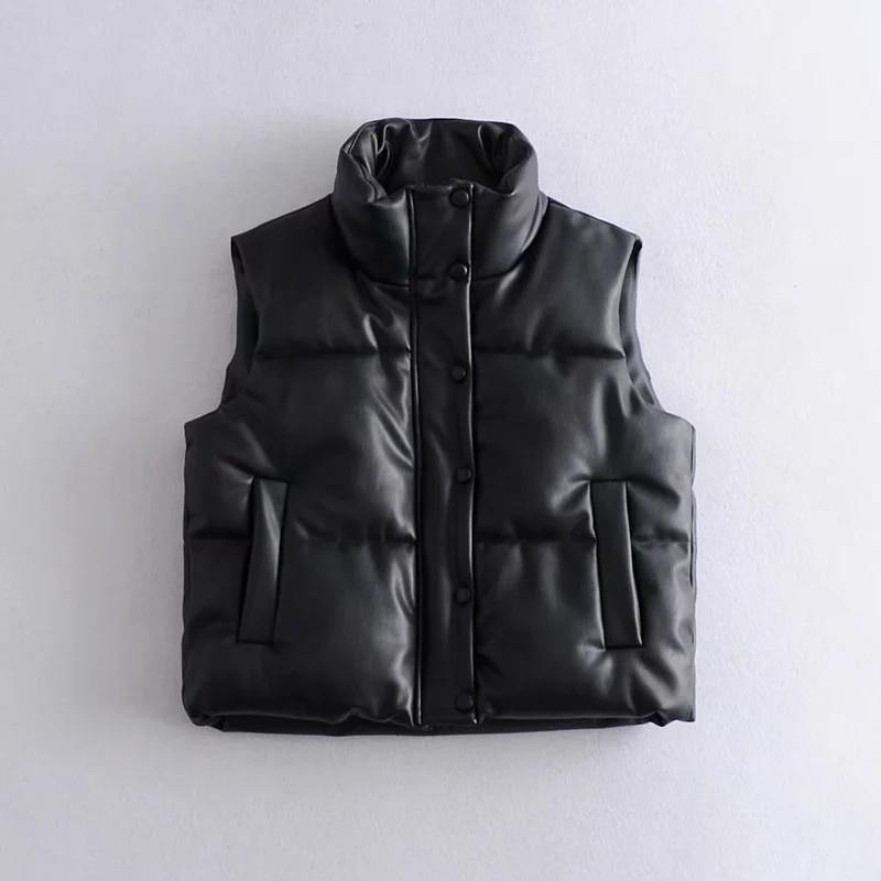 Women's Black Warm Faux Leather Vest - AM APPAREL