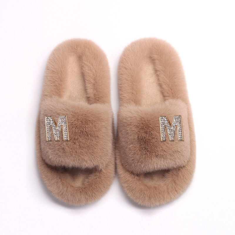 Women's Fluffy Faux Fur Slipers W/ Rhinestone Letter M - AM APPAREL