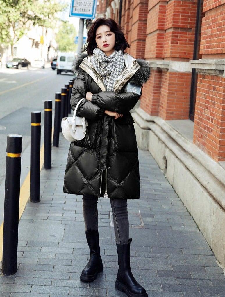 Women's Winter Fur Collar Warm Long Coat - AM APPAREL